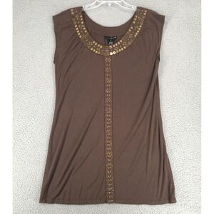 Willi Smith Sleeveless Top Size L Embellished Neckline Brown